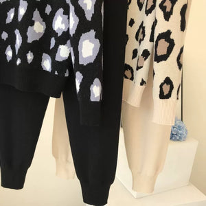 Leopard print pullover long - sleeved sweater + simple skinny pants suit - Negative Apparel