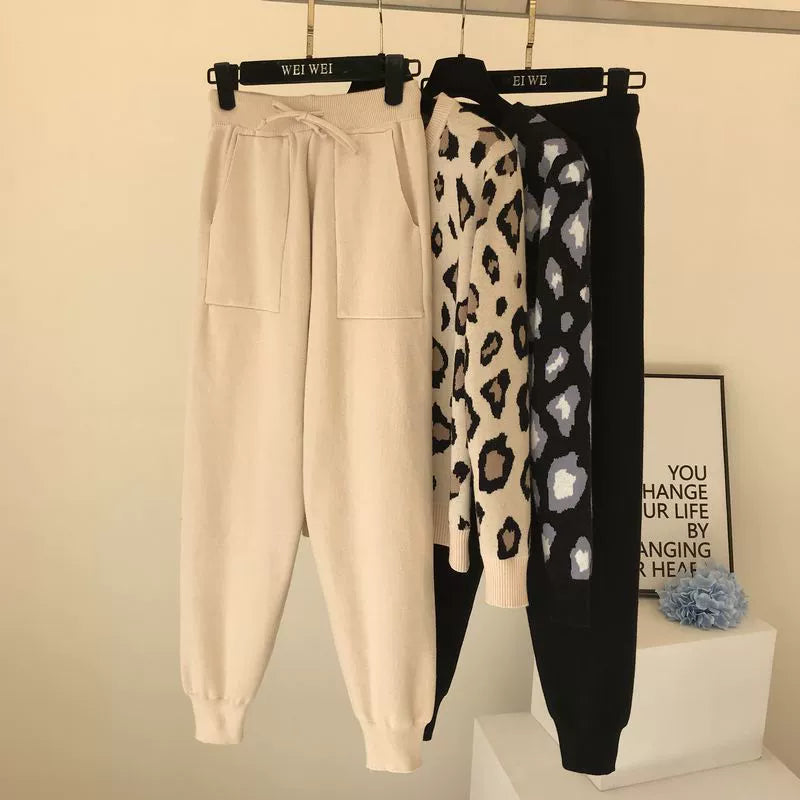 Leopard print pullover long - sleeved sweater + simple skinny pants suit - Negative Apparel