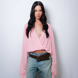 Mesh Flare Sleeve V-Neck Top