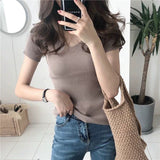 Short-sleeved t-shirt women's 2023 spring and summer new women's clothing half-sleeved slim-fitting V-neck knitted bottoming shirt short top