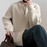 Casual Cashmere Blend Zipper Cardigan – Korean Loose Fit Pocket Sweater for Women FD