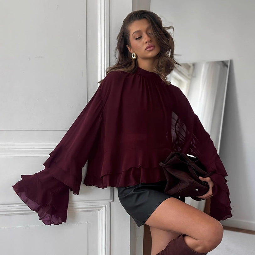 Ruffle Stand Collar Chiffon Blouse