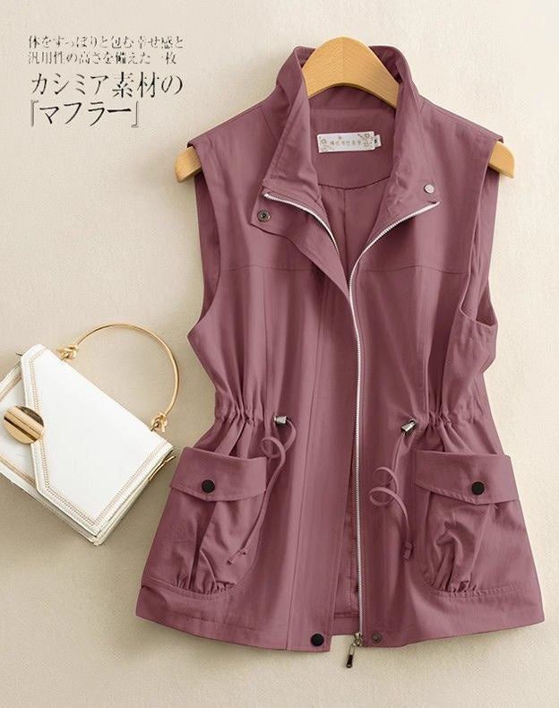 Women’s Solid Color Zipper Vest – Loose Fit Polo Collar Sleeveless Jacket | Elegant Commuter Style