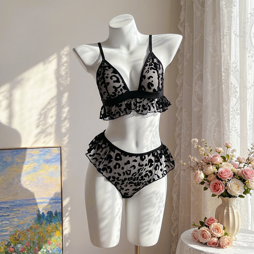 Leopard Flocked Mesh Bra Set