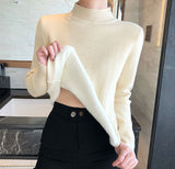 One-piece fleece fleece thickened slim-fit sweater women's autumn and winter mid-neck semi-turtleneck knitted bottoming shirt mink thermal top