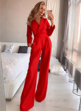 The Refined Flow | Solid Color Wine Red Long-Sleeve Wide-Leg Jumpsuit (FD)
