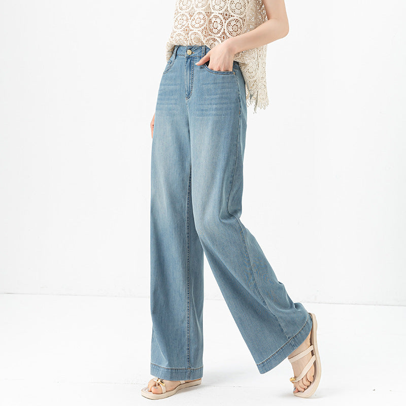 Tencel cotton wide-leg jeans women's 2025 summer thin high-waisted thin soft drape casual straight-leg pants