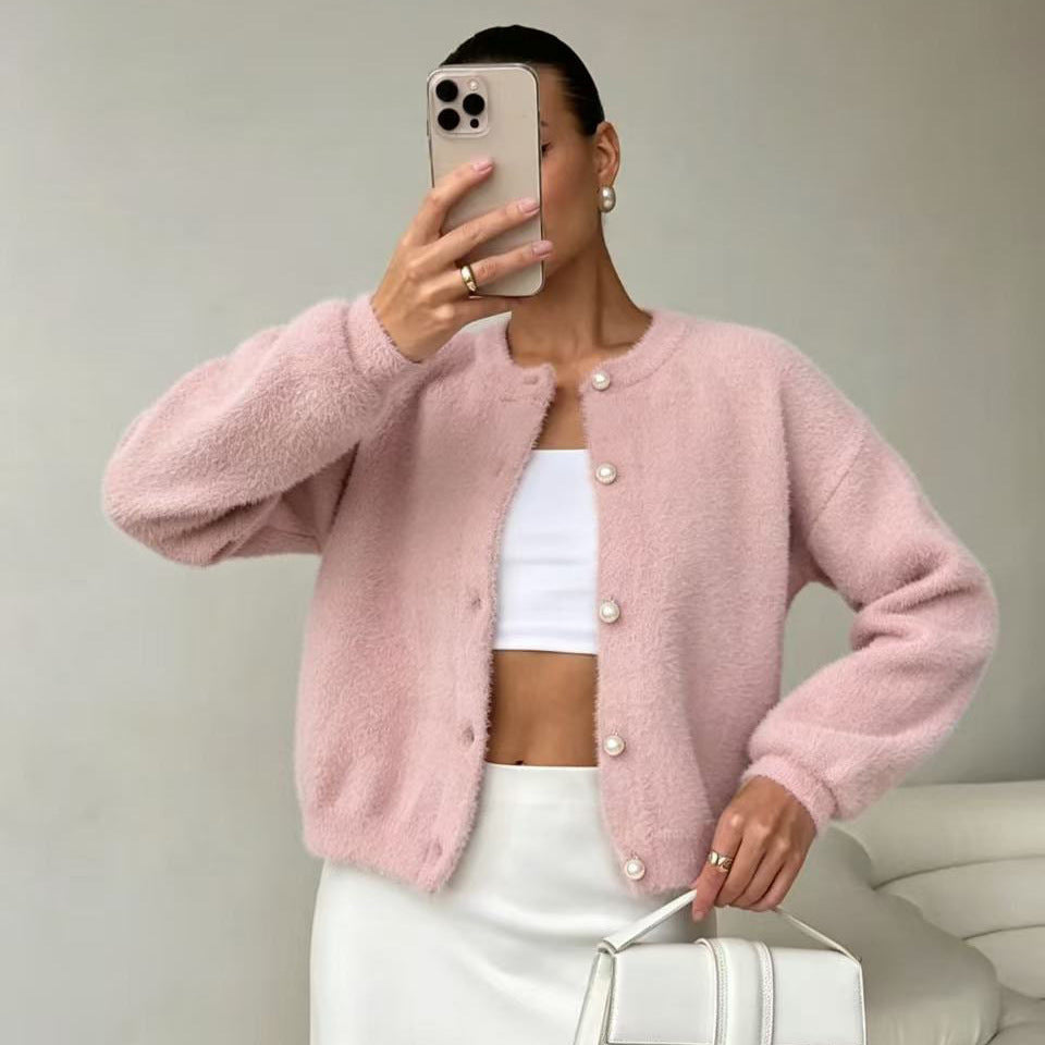 Faux Mink Pearl Button Cardigan
