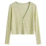 Knitted air-conditioning shirt, sunscreen shirt, women's bamboo knuckle hemp cardigan, long-sleeved spring and summer thin outer with short V-neck shawl top