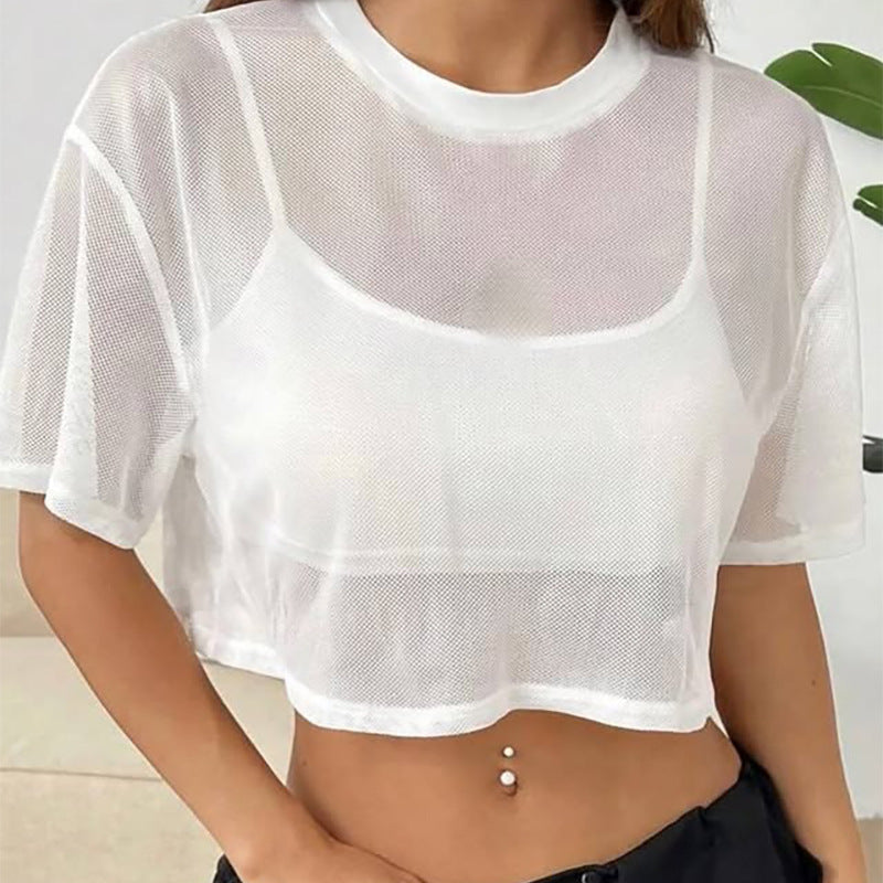 Black mesh short top short sleeve design loose outer blouse