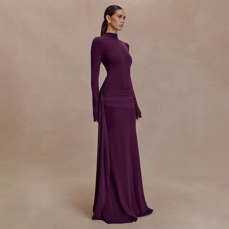 Turtleneck Pleated Bodycon Maxi Dress