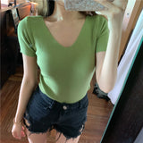 Short-sleeved t-shirt women's 2023 spring and summer new women's clothing half-sleeved slim-fitting V-neck knitted bottoming shirt short top