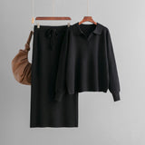 Polo Collar Knit Top and Midi Skirt Set