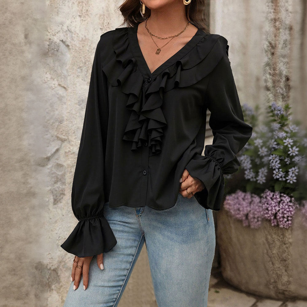 Ruffle V-Neck Crinkle Blouse