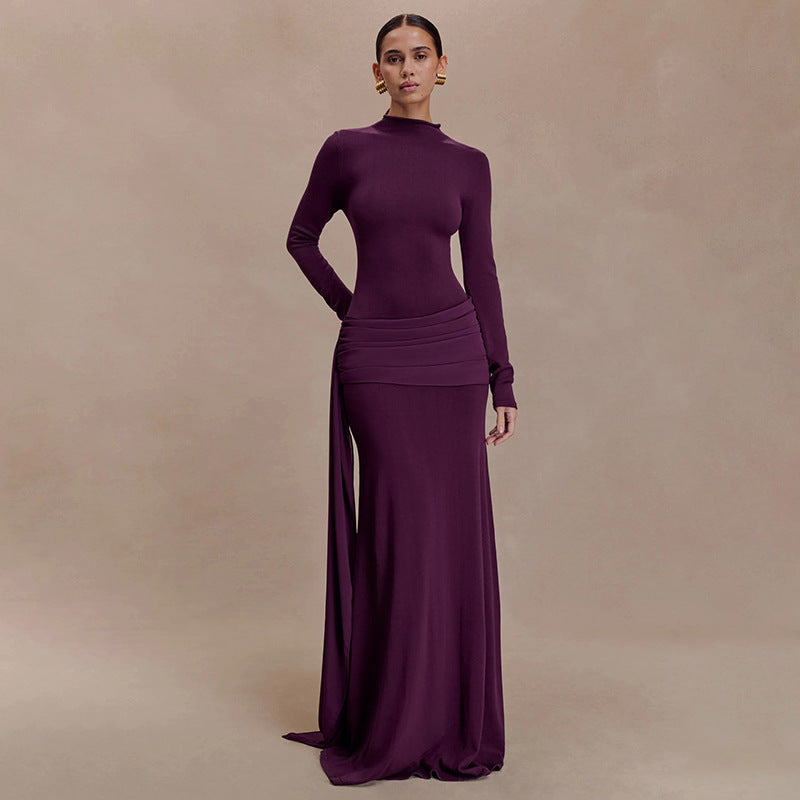 Turtleneck Pleated Bodycon Maxi Dress