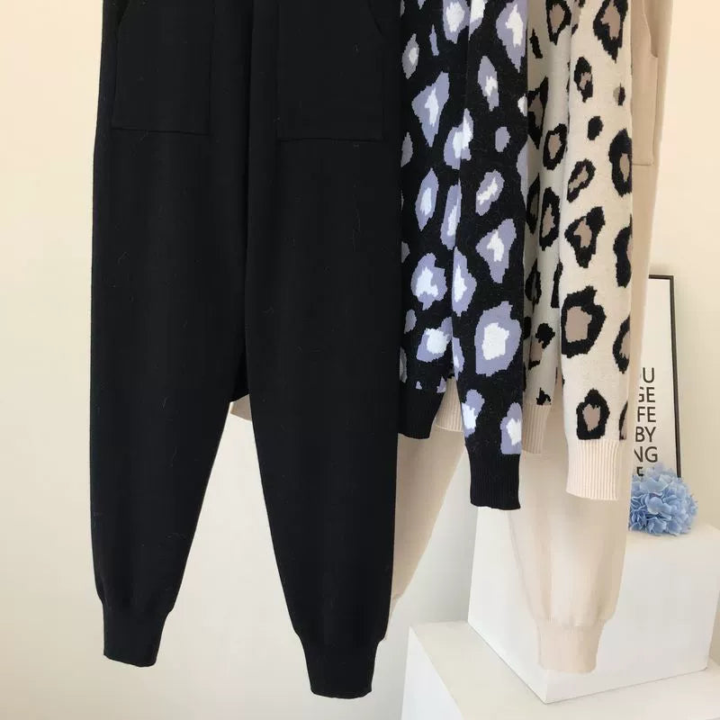 Leopard print pullover long - sleeved sweater + simple skinny pants suit - Negative Apparel