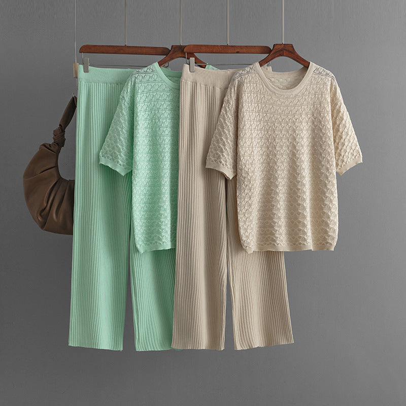 Summer new solid color hollow casual round neck fashion suit short sleeve trousers knitted two-piece set