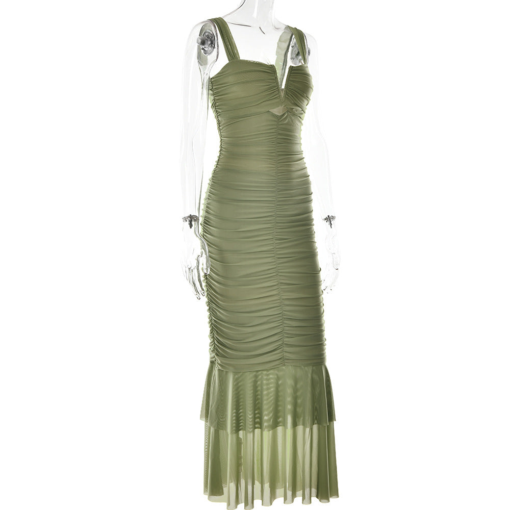 Spring and summer sling stitching dress tight pleated fishtail dress - Negative Apparel