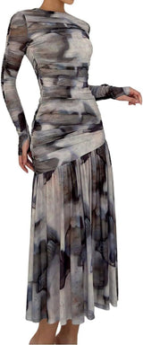 Pleated Mesh Long Sleeve Maxi Dress