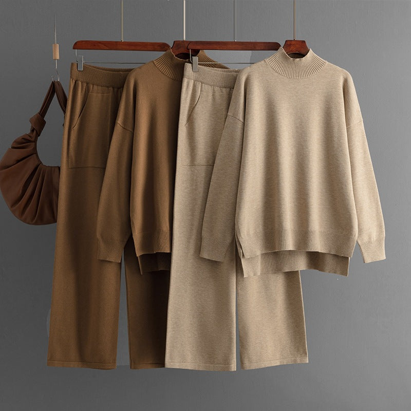 Mock Neck Slit Knit Set with Pockets