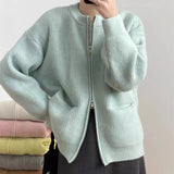 Casual Cashmere Blend Zipper Cardigan – Korean Loose Fit Pocket Sweater for Women