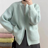 Casual Cashmere Blend Zipper Cardigan – Korean Loose Fit Pocket Sweater for Women FD