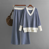 V Neck Contrast Knit and Wide Leg Set