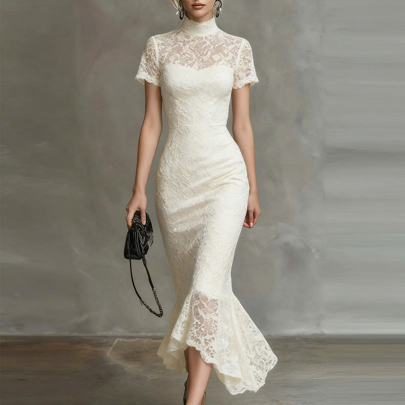 Lace Panel Mock Neck Maxi Dress