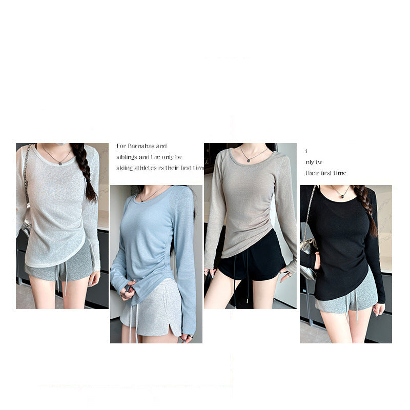 Side waist bottoming shirt women's summer 25 new outer wear crew neck sunscreen pullover loose irregular T-shirt top