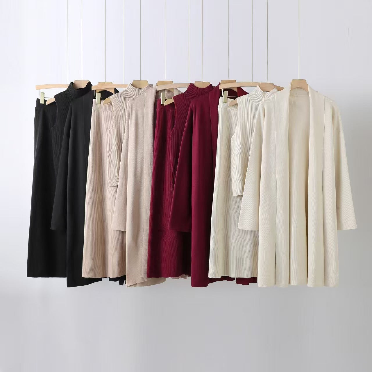 New lazy loose knitted set women's long shawl cardigan turtleneck sweater skirt three-piece set