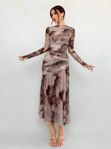Pleated Mesh Long Sleeve Maxi Dress