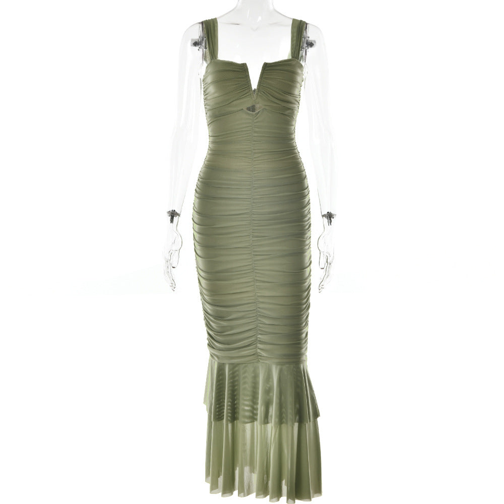 Spring and summer sling stitching dress tight pleated fishtail dress - Negative Apparel