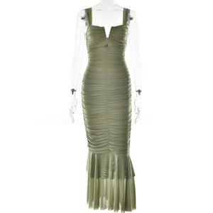 Spring and summer sling stitching dress tight pleated fishtail dress - Negative Apparel