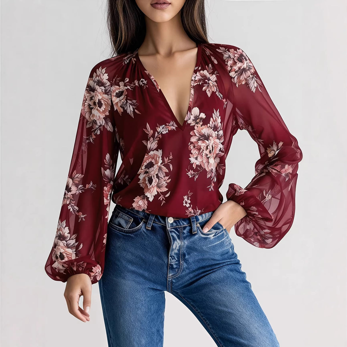 Floral Print Lantern Sleeve Blouse
