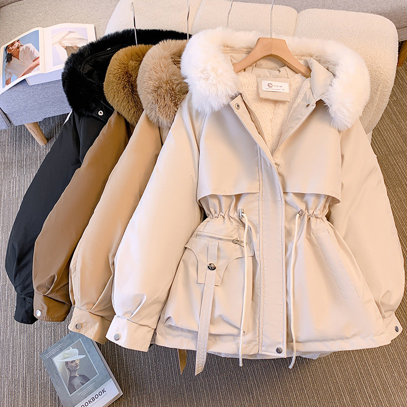 Women’s Hooded Cotton Coat with Faux Fur Collar – Slim Fit Winter Jacket | Medium-Long Japanese & Korean Casual Style