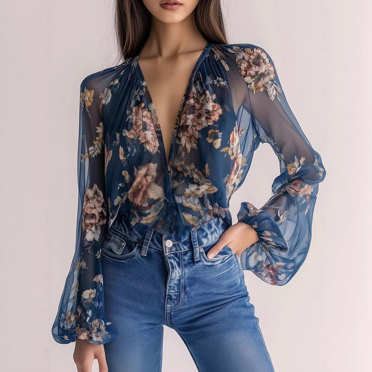 Floral Print Lantern Sleeve Blouse