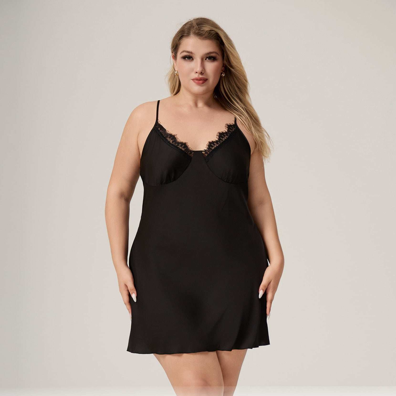 The Lace Seduction | Black Lace Satin Strap Mini Sleep Dress