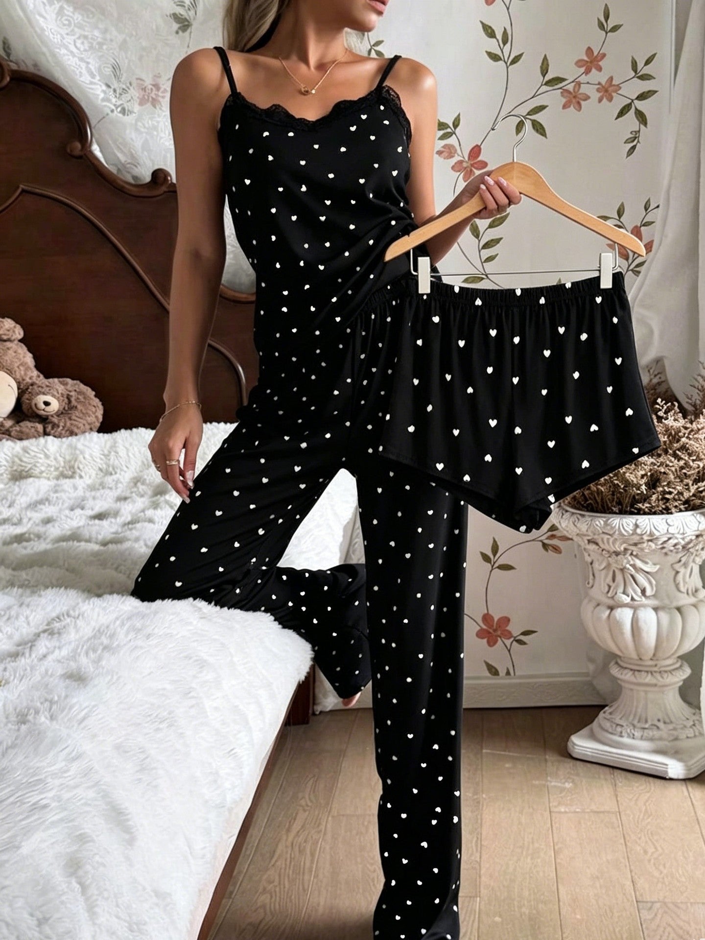 Ribbed Lace Trim 3-Piece Pajama Set