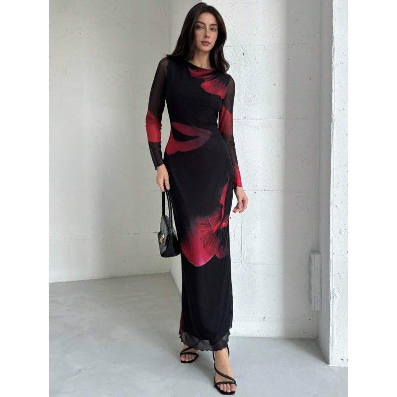 Printed Mesh Lined Maxi Dress