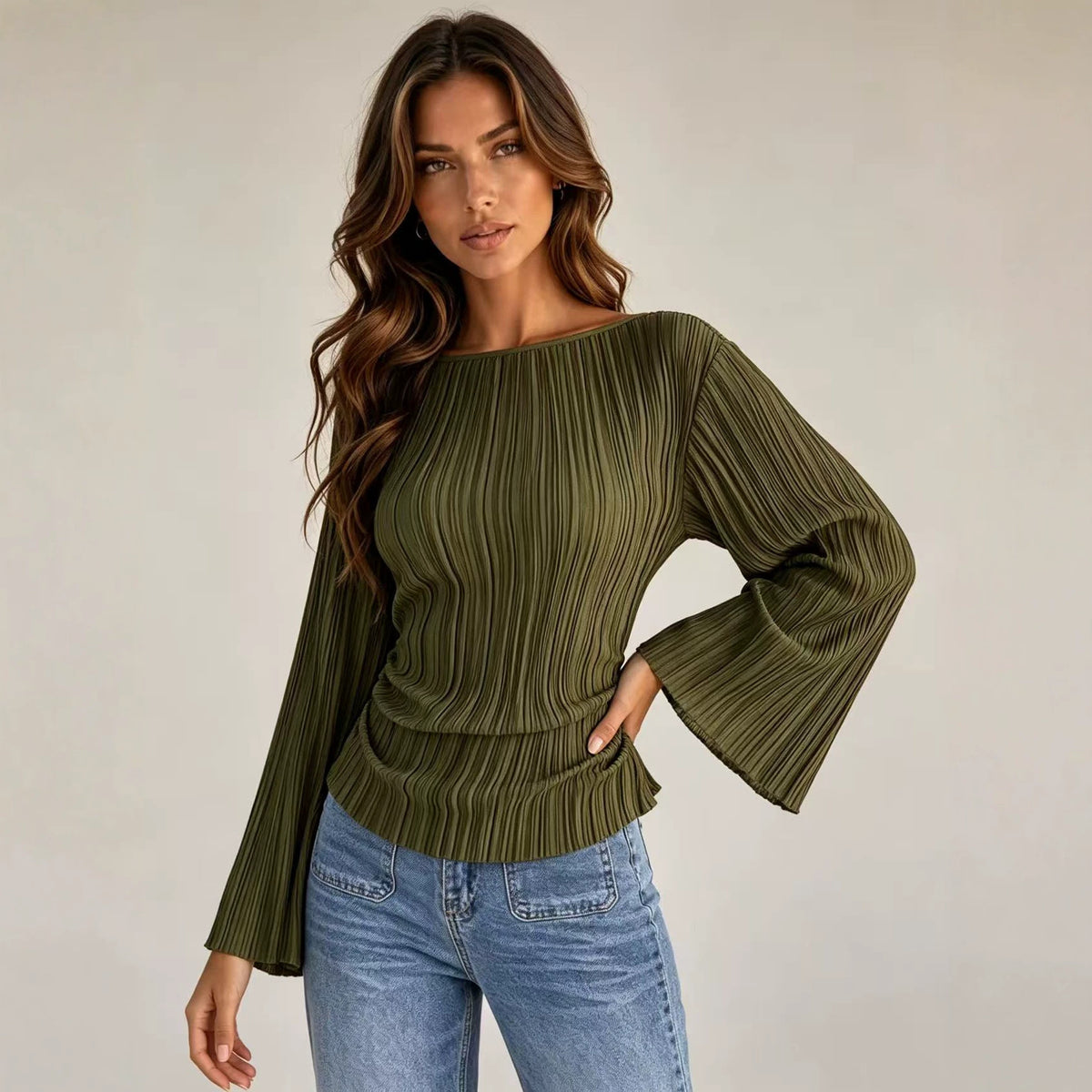 Tie Waist Pleated Flare Sleeve Top