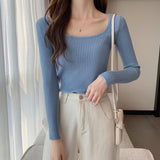 Square Neck Ribbed Knit Long Sleeve Top