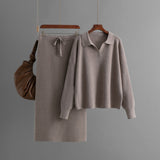 Polo Collar Knit Top and Midi Skirt Set