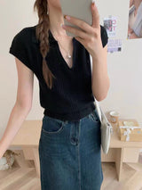 Knitted Polo Collar Short Sleeve Top