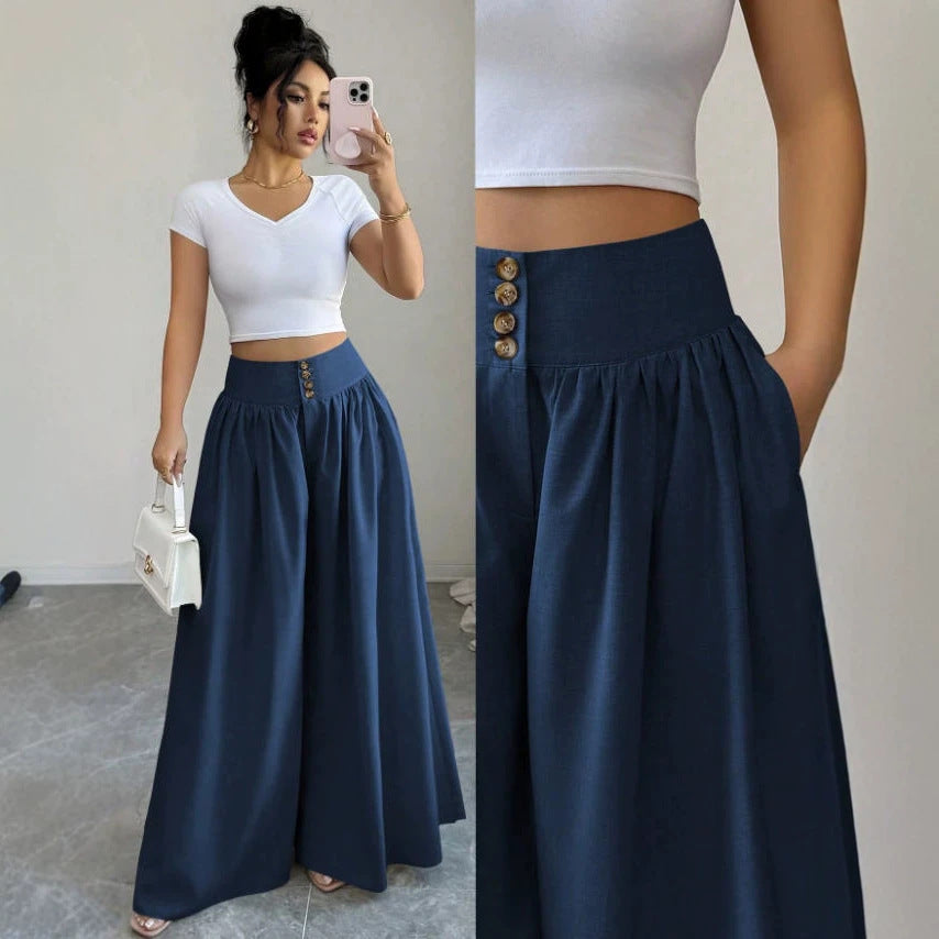Pleated Button Wide Leg Trousers