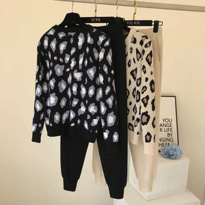 Leopard print pullover long - sleeved sweater + simple skinny pants suit - Negative Apparel