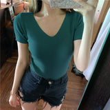 Short-sleeved t-shirt women's 2023 spring and summer new women's clothing half-sleeved slim-fitting V-neck knitted bottoming shirt short top