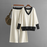 V Neck Contrast Knit and Wide Leg Set