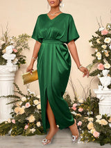 Satin V-Neck Side Split Maxi Dress