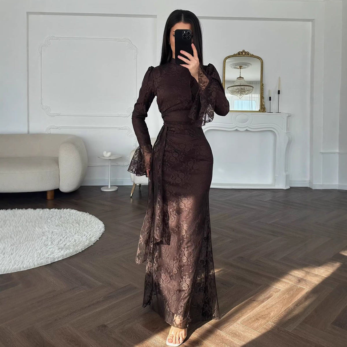 Jacquard Stand Collar Evening Gown