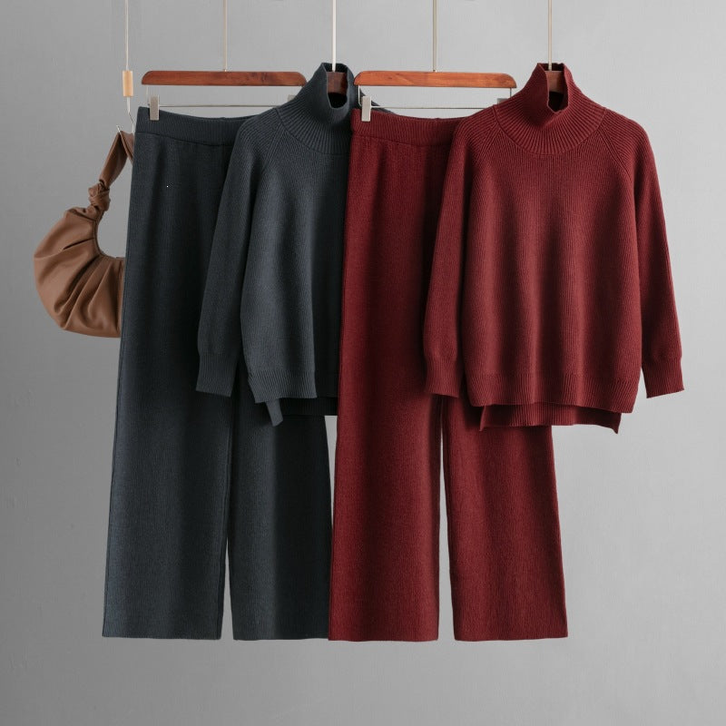 Turtleneck Slit Hem Knit Trouser Set